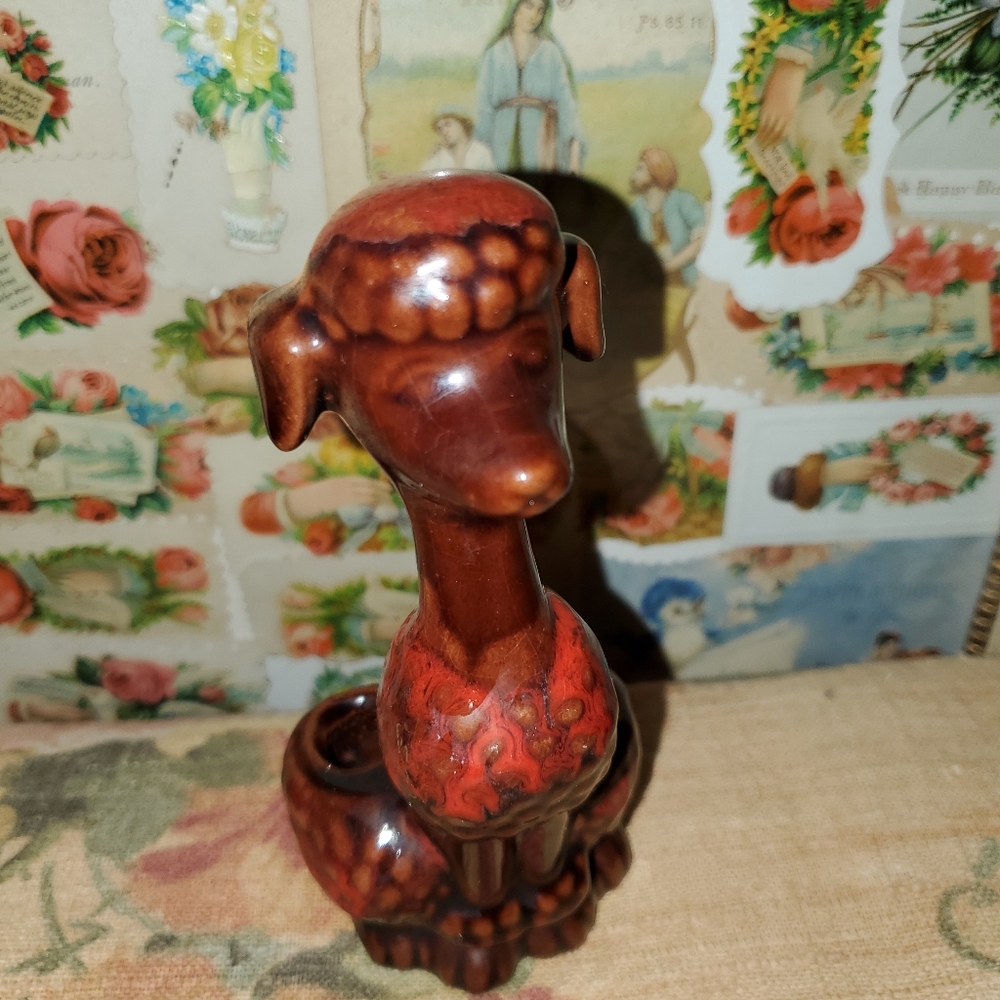Vintage Redware French Poodle Souvenir Lipstick Holder with a Lava Glaze
